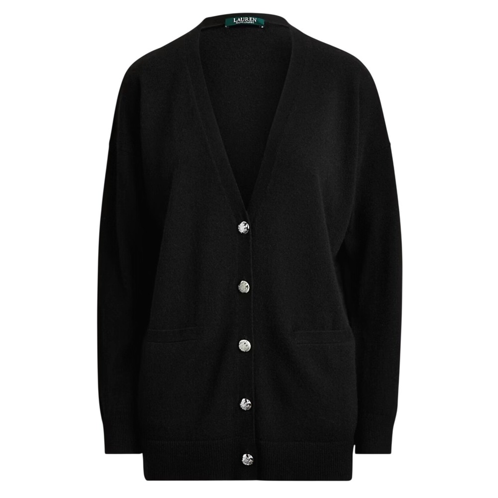 Lauren Ralph Lauren Cardigan Women XL Black Cashmere Crest Button Waffle Knit